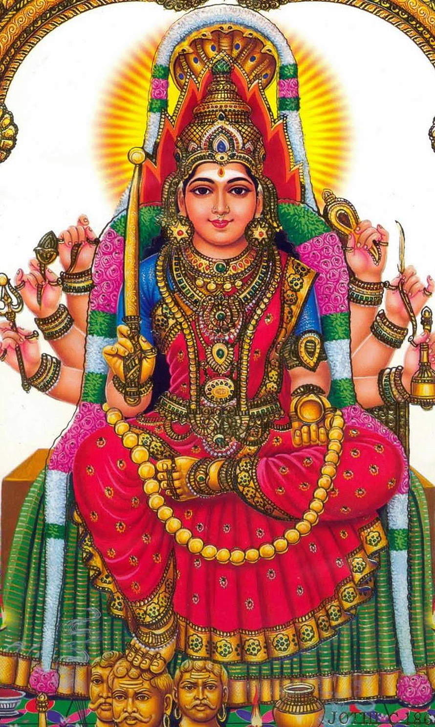 Traditional Indian Painting of Goddess Amman with Multiple Arms and Golden Jewelry HD phone wallpaper