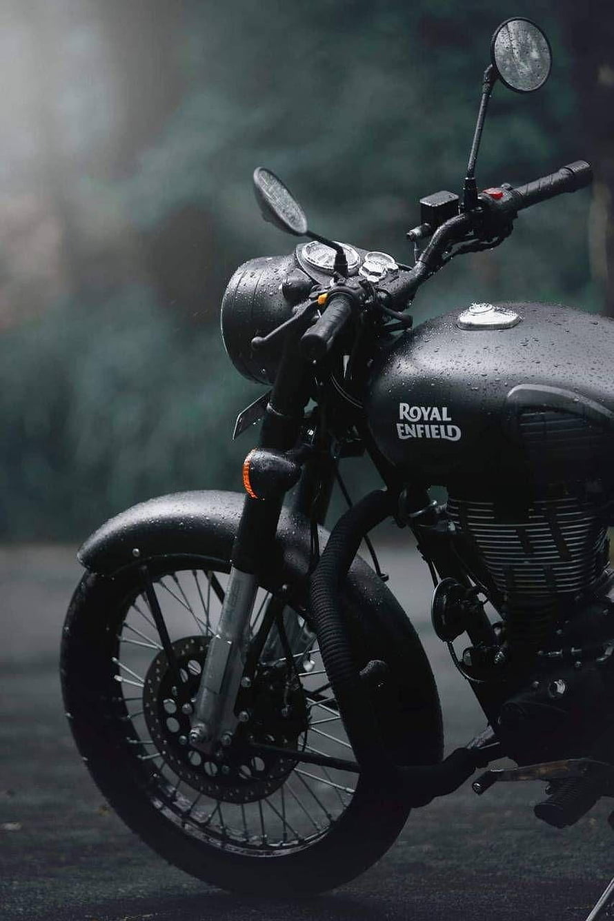 Black Royal Enfield Classic Motorcycle in Rainy Atmosphere HD phone wallpaper