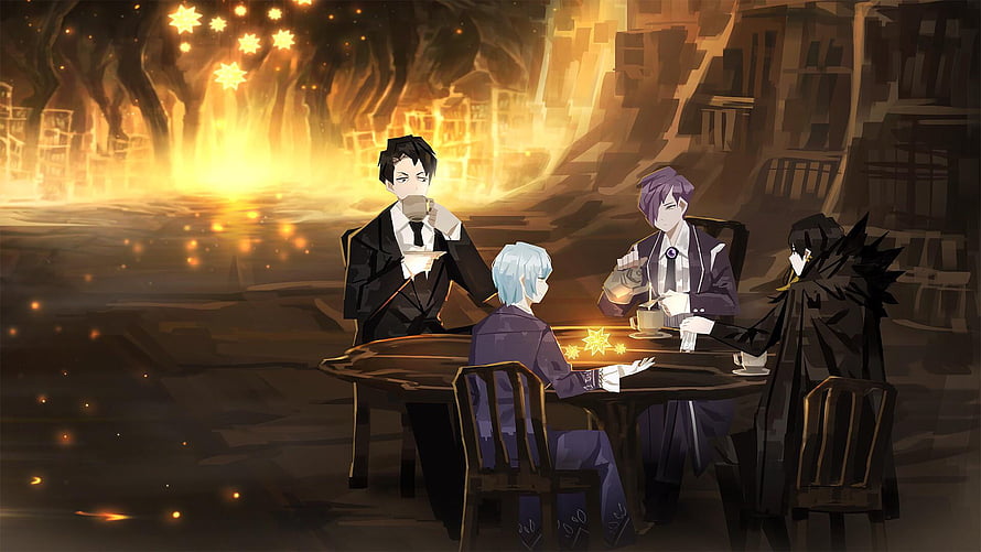 Library of Ruina Characters Sharing Tea in a Warmly Lit Stone Hall HD wallpaper