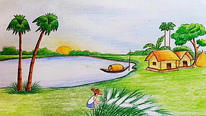 Hand-drawn rural Bangladesh landscape with thatched huts, palm trees, and a river at sunrise HD wallpaper