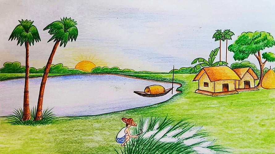Hand-drawn rural Bangladesh landscape with thatched huts, palm trees, and a river at sunrise HD wallpaper