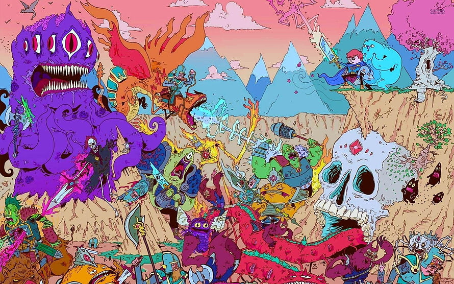 Psychedelic Adventure Time Battle Scene with Finn and Jake HD wallpaper