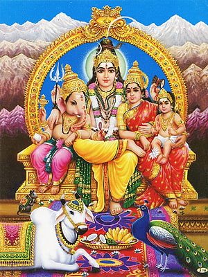 Lord Shiva Family Portrait with Parvati Ganesha and Kartikeya in Traditional Indian Art HD phone wallpaper