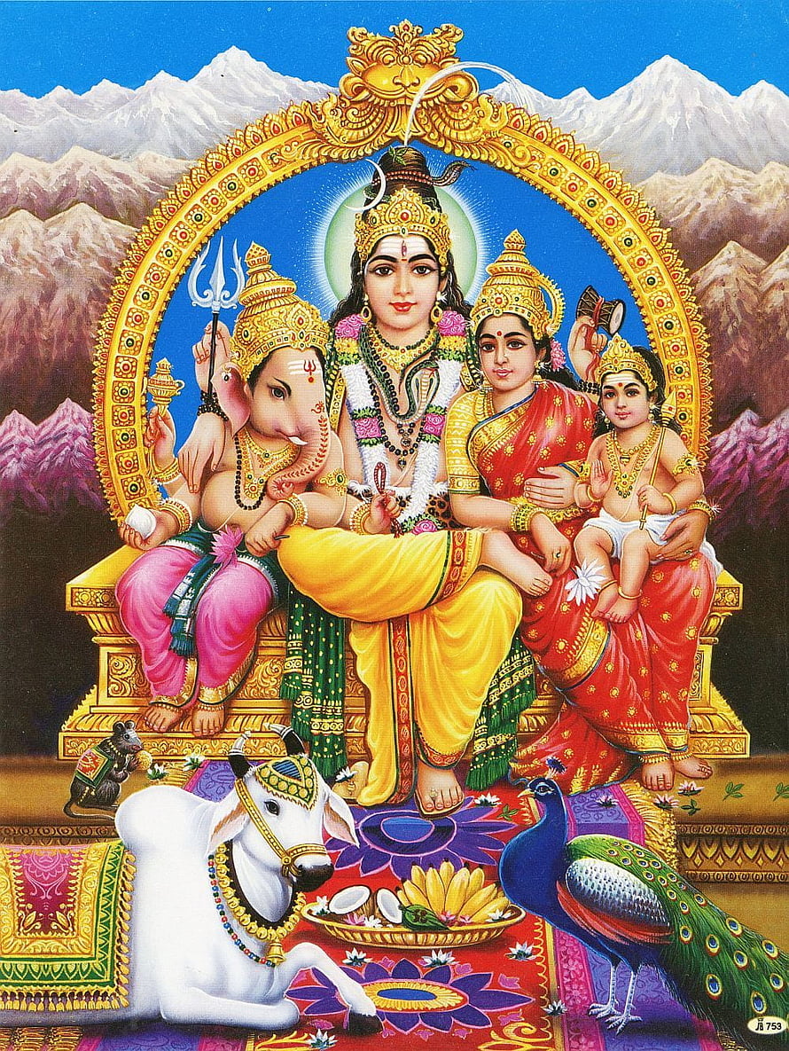 Lord Shiva Family Portrait with Parvati Ganesha and Kartikeya in Traditional Indian Art HD phone wallpaper