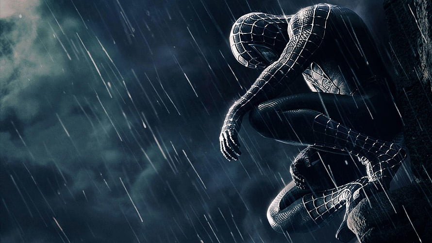 Black Spider-Man Crouching in Heavy Rain with Dark Moody Atmosphere HD wallpaper