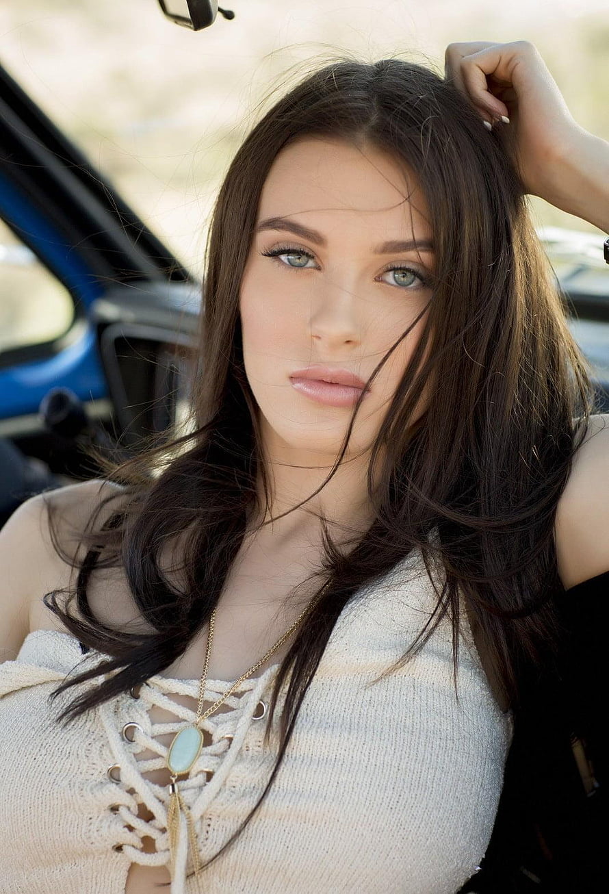 Lana Rhoades Portrait in White Knit Top with Turquoise Necklace HD phone wallpaper