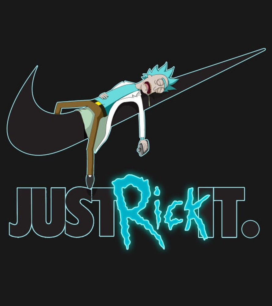 Rick and Morty Just Rick It Nike Swoosh Parody Logo on Black Background HD phone wallpaper