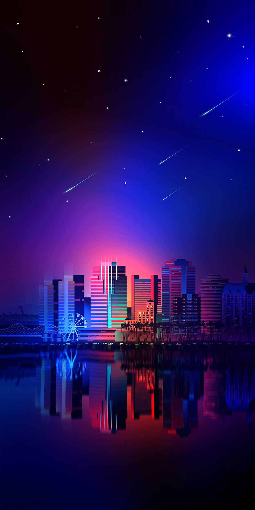Neon City Skyline at Night with Shooting Stars and Water Reflection HD phone wallpaper