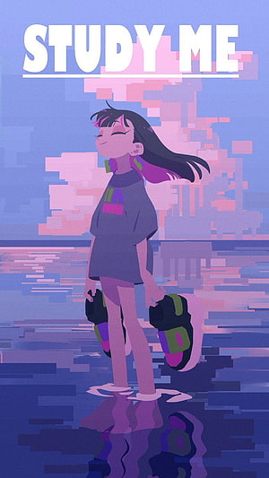 Zutomayo Study Me Anime Girl Illustration with Pixelated Sky and Water Reflection HD phone wallpaper