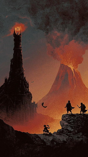 Lord of the Rings Silhouette Artwork Featuring Barad-dur and Mount Doom at Dusk HD phone wallpaper