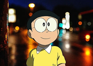 Nobita Nobi from Doraemon in a yellow shirt against a bokeh city night background HD wallpaper