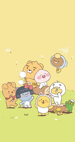 Kakao Friends Characters Playing in a Sunny Meadow with Dandelions HD phone wallpaper