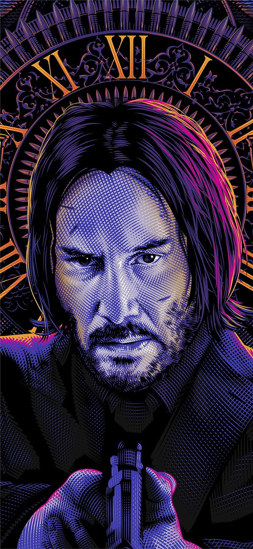 John Wick Stylized Portrait with Gun and Roman Numerals in Neon Purple and Orange, Best john wick X, john wick baba yaga HD phone wallpaper