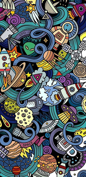 Colorful Space Doodle Art with Rockets, Planets, and Aliens in a Densely Packed Illustration HD phone wallpaper