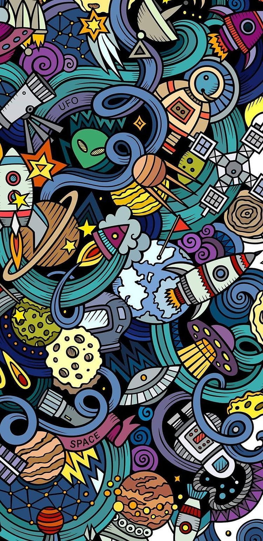 Colorful Space Doodle Art with Rockets, Planets, and Aliens in a Densely Packed Illustration HD phone wallpaper