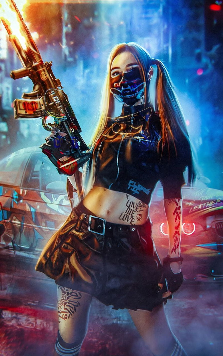 Cyberpunk Anime Girl with Tactical Rifle and Neon Mask in Urban Night Setting HD phone wallpaper