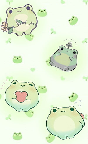 Adorable Kawaii Frog Pattern with Flowers and Hearts on Soft Green Background HD phone wallpaper
