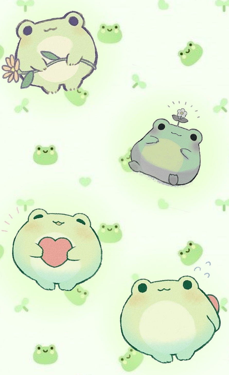 Adorable Kawaii Frog Pattern with Flowers and Hearts on Soft Green Background HD phone wallpaper