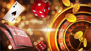 Parx Casino Gaming Elements Featuring Roulette Wheel, Playing Cards, and Dice HD wallpaper