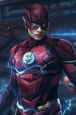 The Flash in a red suit with glowing blue eyes and electric energy effects HD phone wallpaper