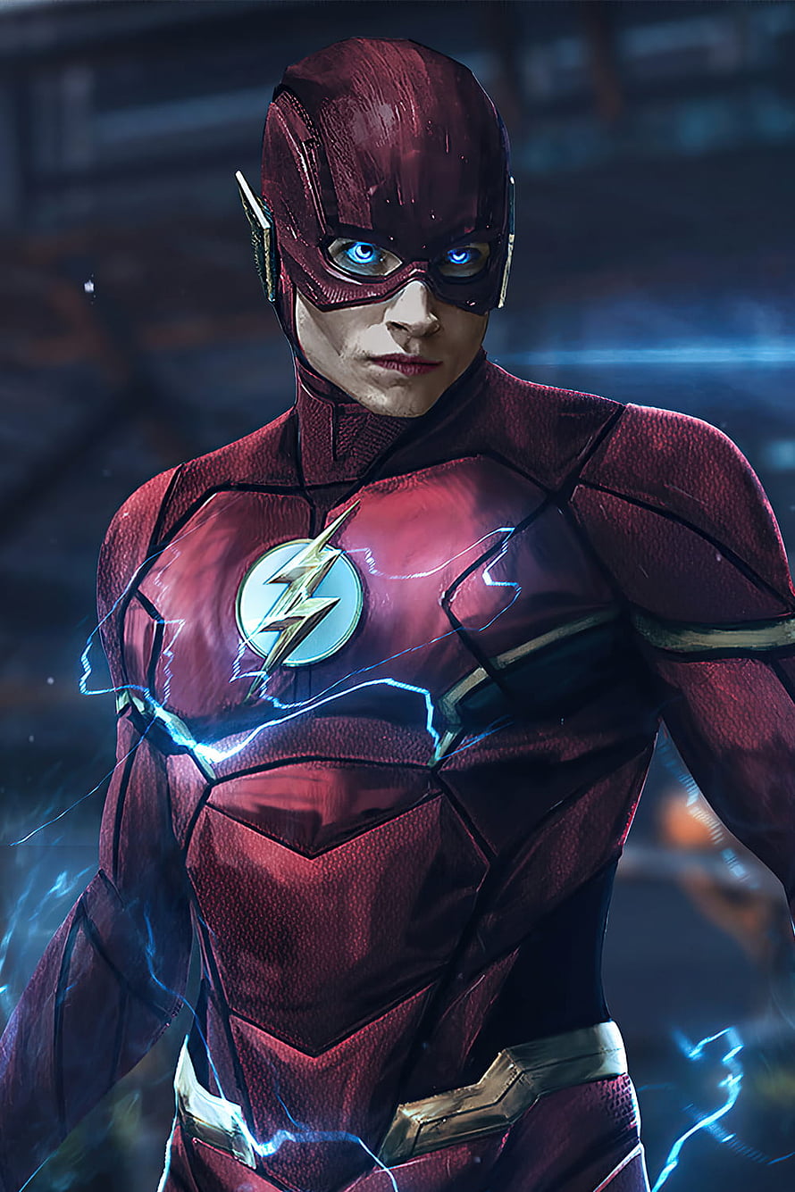 The Flash in a red suit with glowing blue eyes and electric energy effects HD phone wallpaper