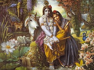 Radha and Krishna in a Lush Forest with White Cow and Lotus Flowers HD wallpaper