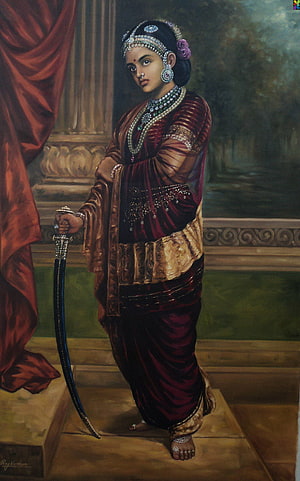 Rani Lakshmi Bai in Maroon Saree Holding a Curved Sword in a Classical Oil Painting HD phone wallpaper