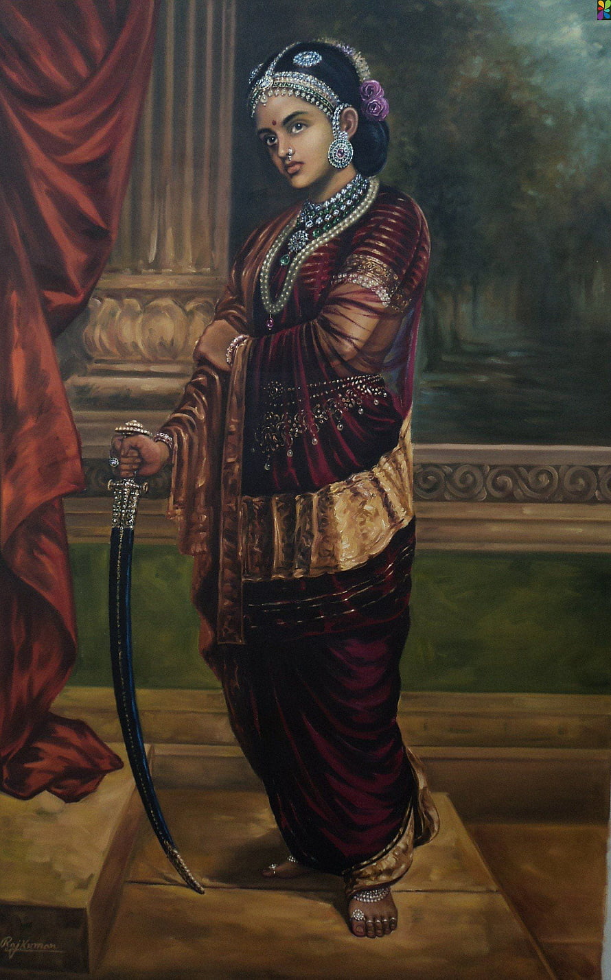 Rani Lakshmi Bai in Maroon Saree Holding a Curved Sword in a Classical Oil Painting HD phone wallpaper