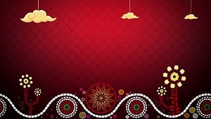 Festive Red Background with Golden Clouds and Intricate Floral Mandala Patterns HD wallpaper