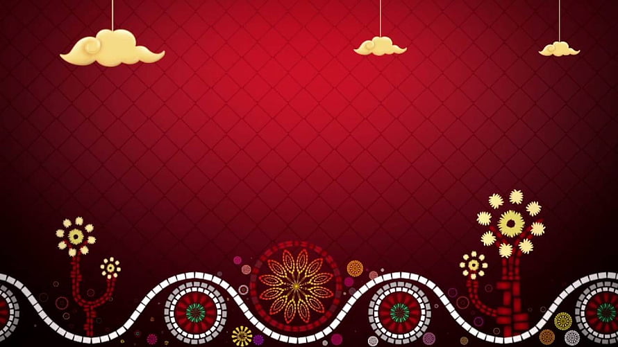 Festive Red Background with Golden Clouds and Intricate Floral Mandala Patterns HD wallpaper