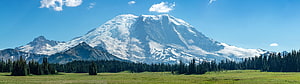 Mount Rainier Rising Over Grand Park Meadows and Evergreen Forest HD wallpaper