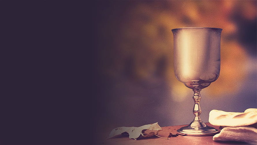 Silver Chalice and Bread on Wooden Table with Warm Autumnal Background HD wallpaper