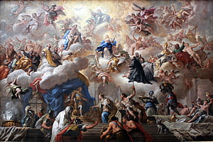 Baroque Religious Painting Depicting the Assumption of Mary with Saints and Angels HD wallpaper