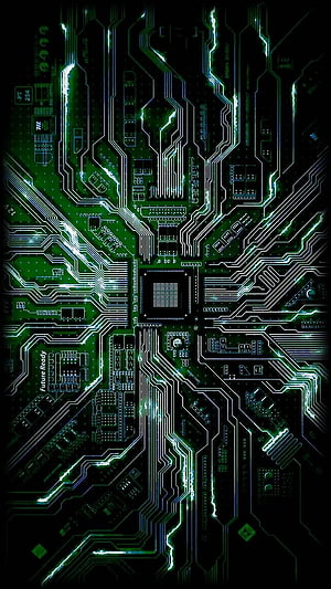 Glowing Green Circuit Board with Central Processor and Tracing Traces HD phone wallpaper