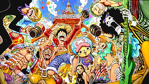 One Piece Straw Hat Pirates Celebrating with Beer and Music in Vibrant Anime Art HD wallpaper