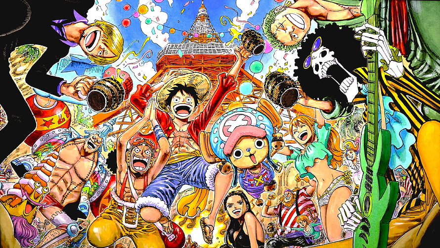 One Piece Straw Hat Pirates Celebrating with Beer and Music in Vibrant Anime Art HD wallpaper