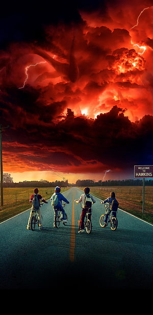 Stranger Things Kids Riding Bikes Toward a Red Storm and Demogorgon Silhouette HD phone wallpaper