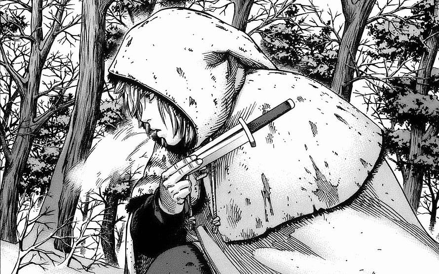 Hooded Warrior Holding a Sword in a Snowy Forest from Vinland Saga Manga HD wallpaper