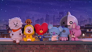 BT21 Character Group Sitting on Rooftop Under Starry Night Sky HD wallpaper
