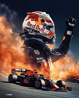Max Verstappen Red Bull Racing Victory Celebration with Formula One Car and Fire HD phone wallpaper