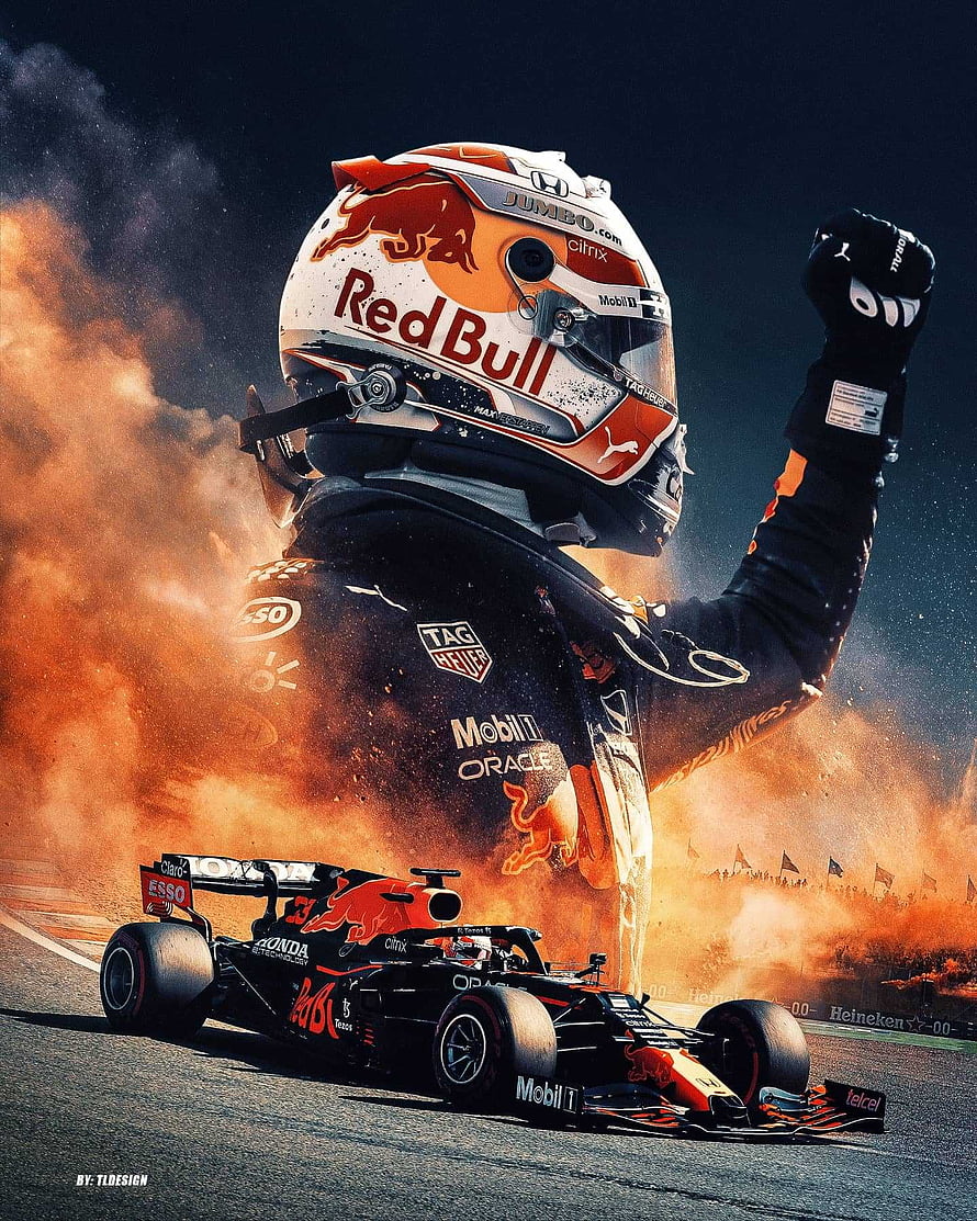 Max Verstappen Red Bull Racing Victory Celebration with Formula One Car and Fire HD phone wallpaper