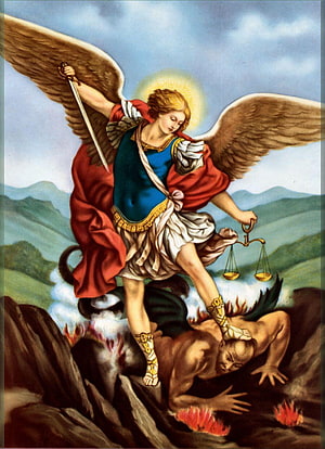 Archangel Michael Defeating the Devil with Sword and Scales in Classic Religious Painting HD phone wallpaper