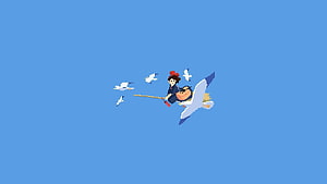 Studio Ghibli pixel art logo featuring a girl riding a crane with seagulls in a blue sky HD wallpaper