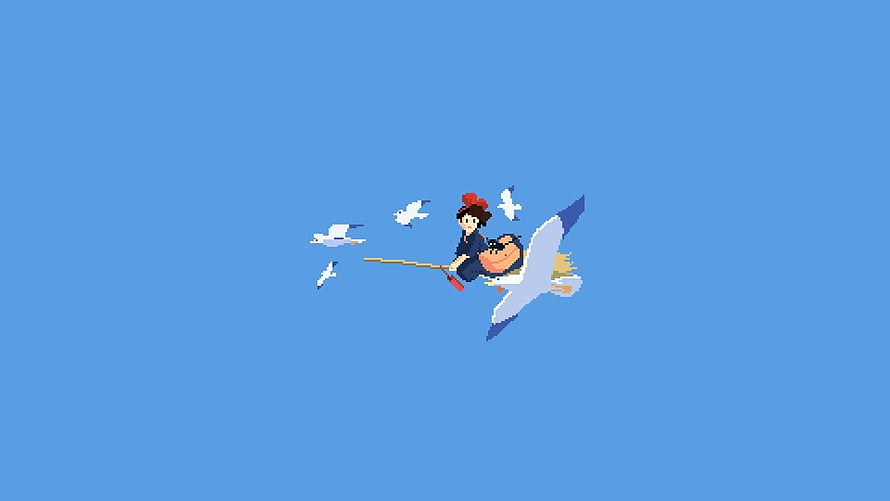 Studio Ghibli pixel art logo featuring a girl riding a crane with seagulls in a blue sky HD wallpaper