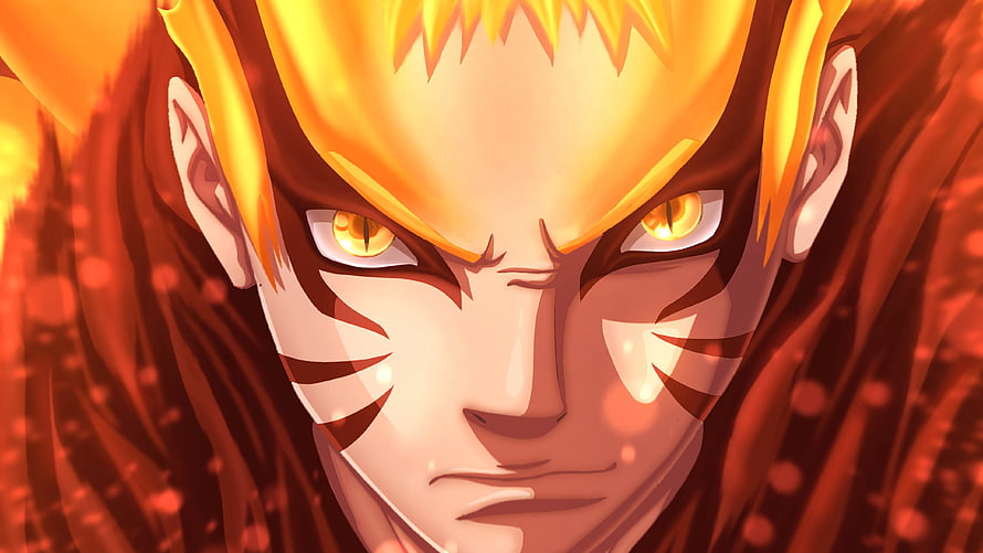 Naruto Uzumaki Baryon Mode Close-Up Portrait with Fiery Orange Aura and Intense Golden Eyes HD wallpaper