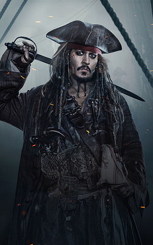 Captain Jack Sparrow in Dark Pirate Attire Holding Sword and Pistol HD phone wallpaper