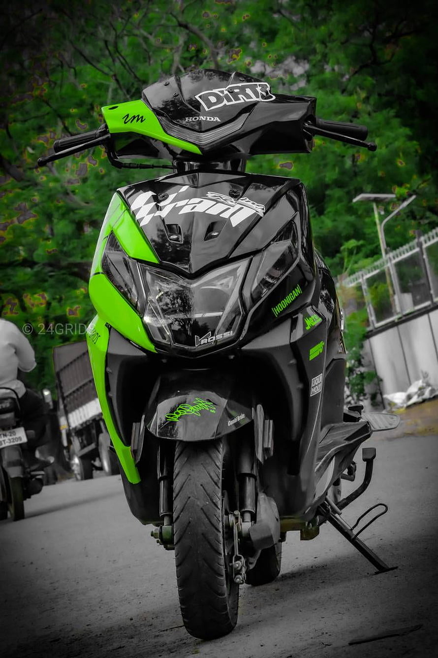 Customized Black and Green Honda Dio Scooter with Racing Decals HD phone wallpaper
