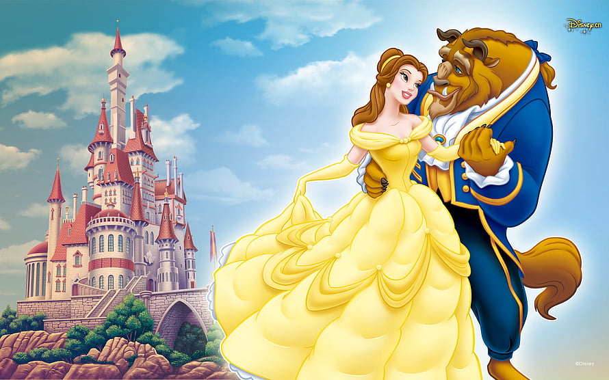 Beauty and the Beast Waltz Scene with Belle and the Beast in Front of the Castle HD wallpaper