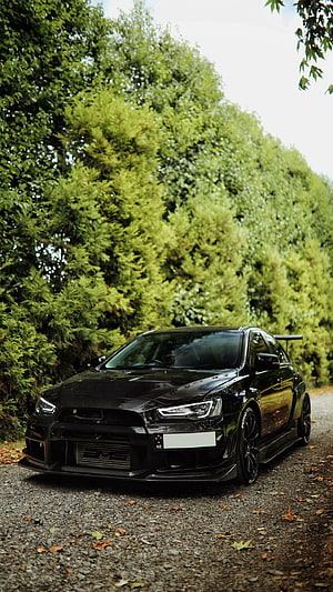 Black Mitsubishi Lancer Evolution X Widebody Stance on Gravel Road HD phone wallpaper