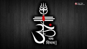 Om Namah Shivaya Sanskrit Calligraphy with Trishul and Crescent Moon on Dark Wood Background HD wallpaper